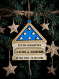 "Never Forgotten" Christmas US Flag Ornament with Fallen Service Members Name