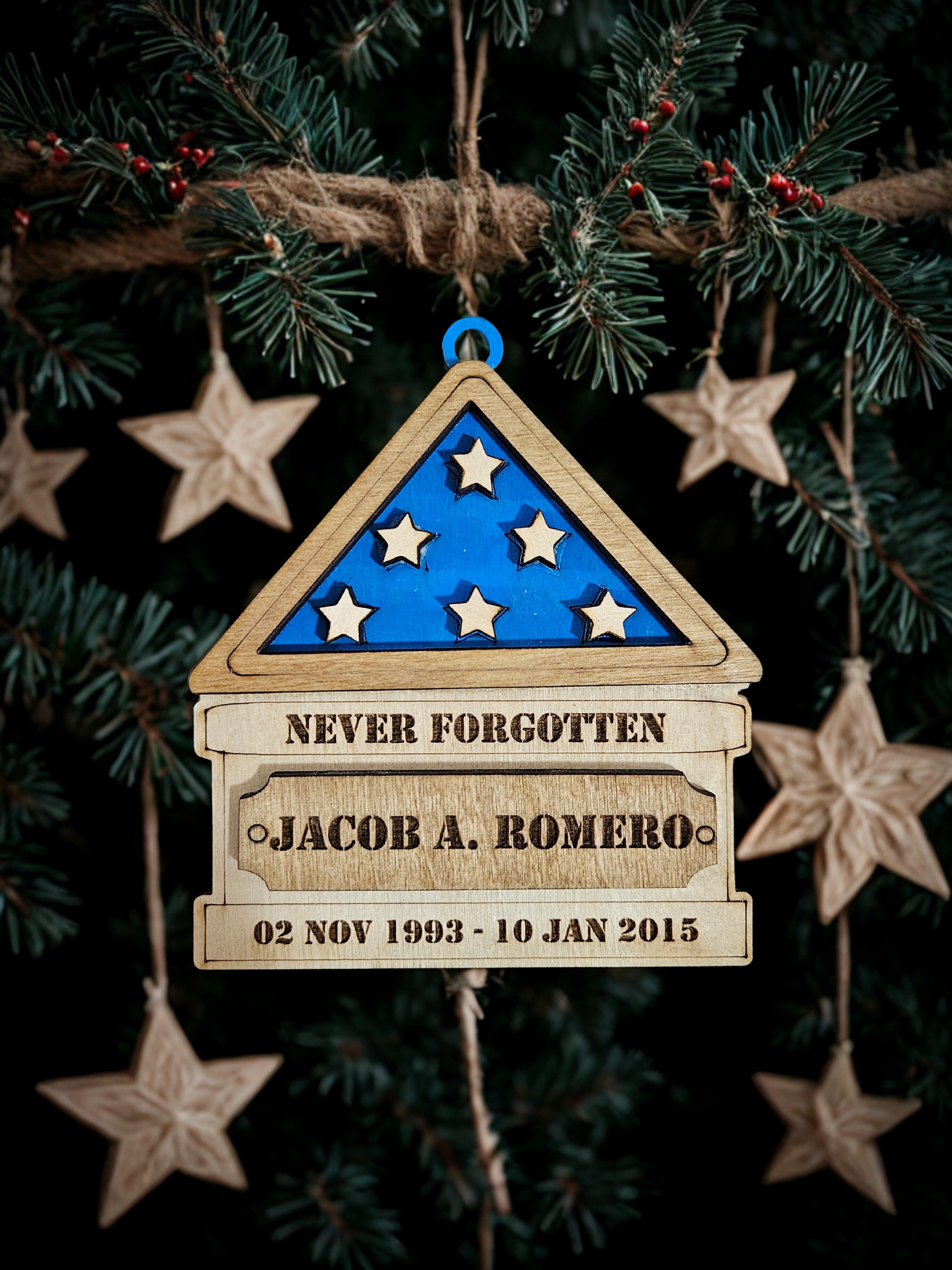 "Never Forgotten" Christmas US Flag Ornament with Fallen Service Members Name