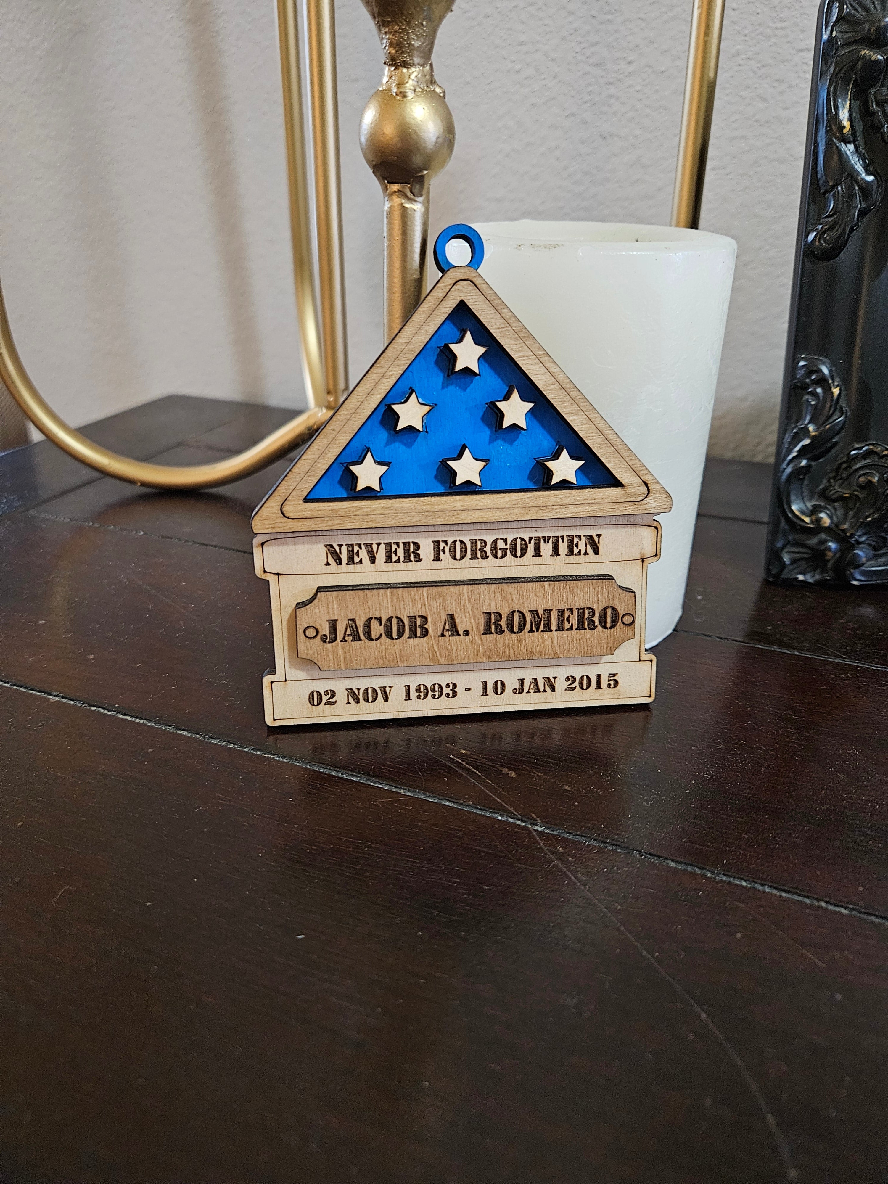 "Never Forgotten" Christmas US Flag Ornament with Fallen Service Members Name